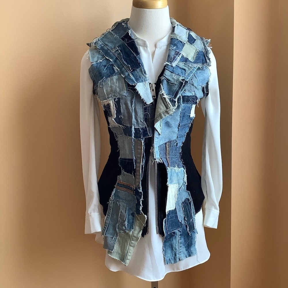 LOVEMATTERS Designer Black Corduroy & Patchwork Denim Hourglass Vest Size S - Picture 13 of 16